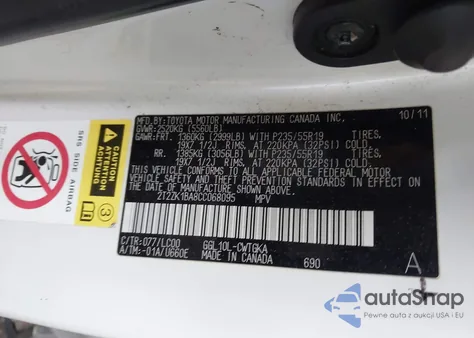 2012 Lexus Rx 350 z USA, uszkodzony, nr VIN 2T2ZK1BA8CC068095